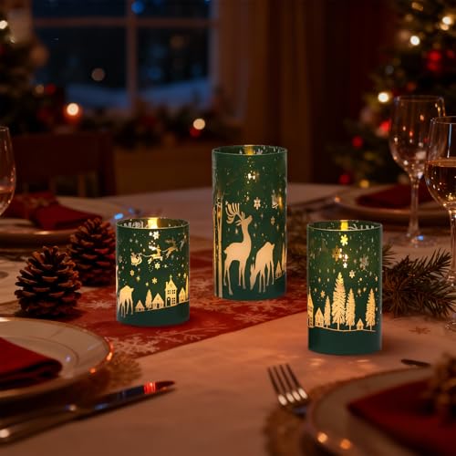 Image of Wondise Christmas Reindeer LED Flameless Candles with Remote Timer, Electroplate Glass Battery Operated Real Wax Flickering 3D Wick Pillar Candles for Christmas Holiday Home Decoration