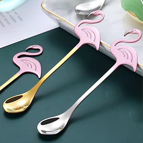 2Pcs Flamingo Spoons（304）Stainless Steel 5.1 Inch Cute Animal Spoon For Dessert Coffee Stirring Spoon Kitchen Accessory Tableware (Gold And Silver) #TOP4