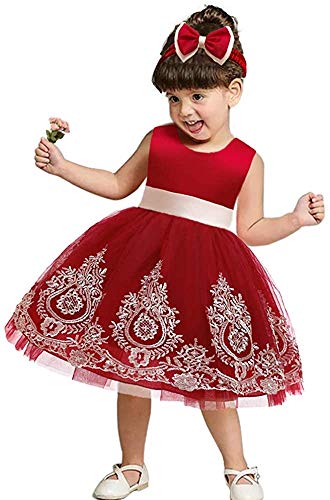 Avazu 0-6T Easter Big Bowknot Pageant Lace Embroidery Dress Toddler Baby Girls Party Ball Gown Dress Tutu Gown Formal Dresses With Headwear Wine 80 #TOP3
