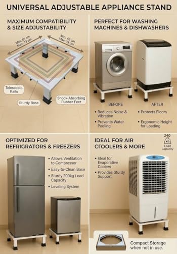 Image of Super Heavy Duty Universal & Adjustable Metal Washing Machine Stand | Single /Double Door Fridge, Air Cooler Tray, Dishwasher | 8 INCH Height | 240 KG Capacity, 4 Anti Vibration Rubber Bottoms | White