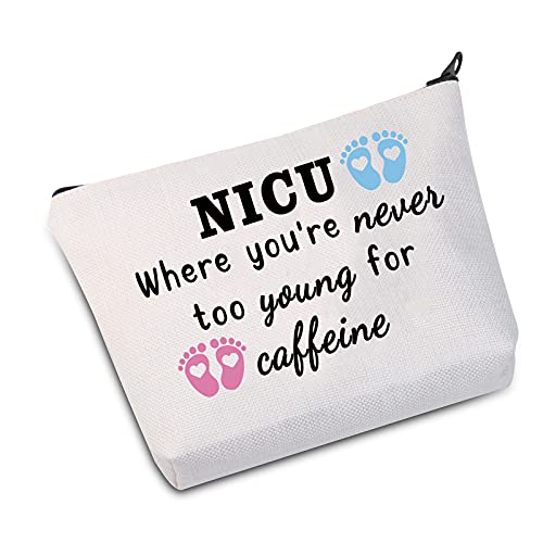 JXGZSO Nurse Midwife Gift NICU Nurse Makeup Bag NICU Where You’re Never Too Young For Caffeine Cosmetic Bag Preemie Nurse Gift (Too Young For B)