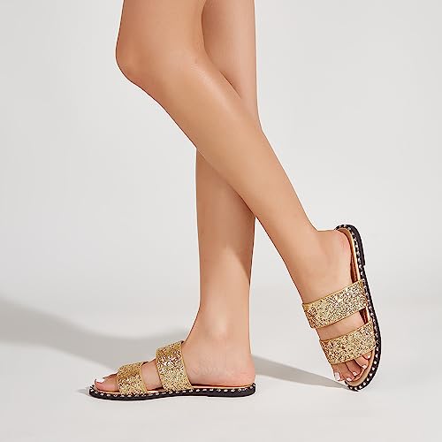 Image of Women's Open Toe Flat Sandals Rhinestone Glitter On Casual Fashion Slippers Quick Drying Indoor & Outdoor Slides