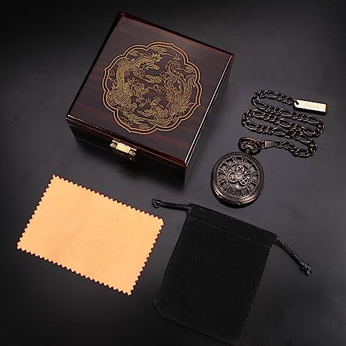 Image of SIBOSUN Pocket Watch Skeleton Mechanical Double Case Hand-Wind Bronze Roman Numerals Antique Chain Mens