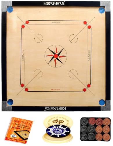 Image of KORNERS Carrom Board with Striker, Coins & Powder | Smooth Finish Indoor Game (32-Inch Carrom Board (CB-32))