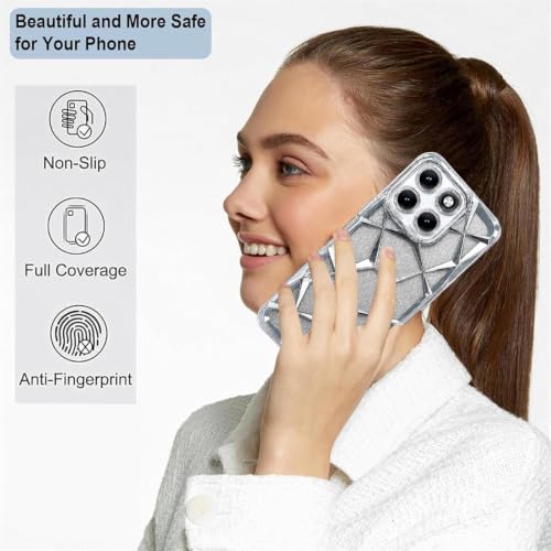 Image of VONZEE Gradient Glitter Case for Moto Edge 70 Fusion, Luxury Electroplated 3D Cube, Diamond Bling Shiny Soft TPU Clear Shockproof Women Girls Protective Phone Cover (Silver)