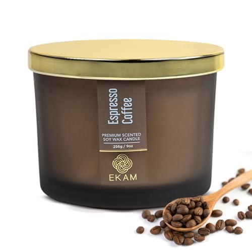 EKAM | 3 Wick Soy Wax Scented Candle| 35 Hours Burn Time| Long Lasting Premium Candles| Ideal for Home Decor, Gifting & Aromatherapy| Espresso Coffee Fragrance