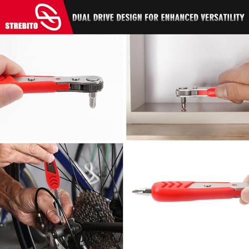 Image of STREBITO Right Angle Screwdriver 14 Piece Mini Ratchet Set, Offset Screwdriver Low Profile Ratchet Screwdriver Set with 1 /4 Ratchet, Hex, Phillips, and Torx, EDC Bit Driver for Tight Spaces, Bike