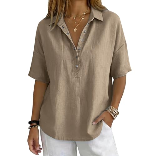FOCLMP Cotton Linen Tops for Women 2026 Summer Gauze Button Down Collared Shirts Half Sleeve V Neck Dressy Casual Blouses Womens Gauze Tops Summer Khaki XL