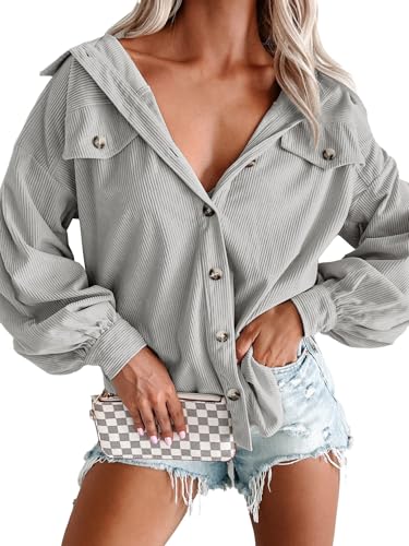 Womens Puff Long Sleeve Corduroy Jacket Casual Solid Button Coat Fall Fashion Loose Outfits Tops4