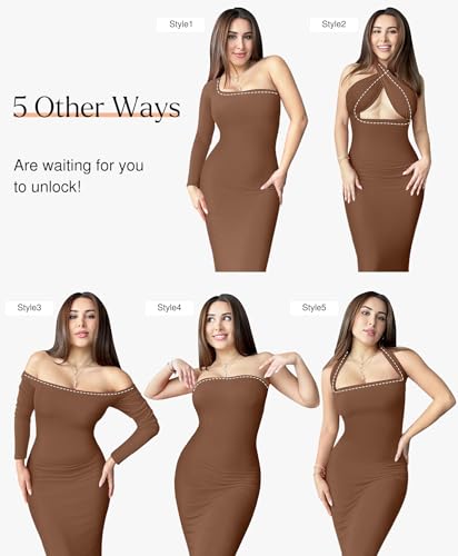 Image of Popilush Long Sleeve Midi Dresses for Women, Built-in Bra Shapewear Dress | Bodycon, Tummy Control, Square Neck, Cocktail Party and Dinners