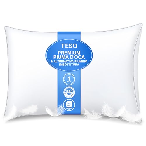 Cuscini in piuma di lusso TESQ 50x70 cm con triplo strato di comfort, cuscini letto igienico di alta qualità, imbottitura soffice e morbida al 100%, Antiacaro, Anallergico, Traspirante