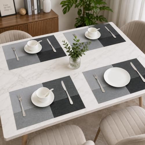 Image of OXSAM Placemats, Heat Insulation Non-Slip Vinyl mats, Stain-Resistant Tablemats for Home and cafe Dining Table Decor (Black & Gray Checks, Pack of 6)