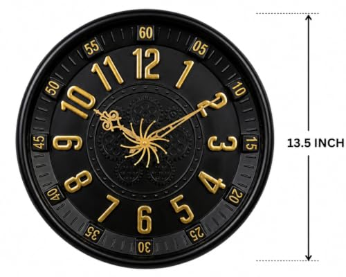 Image of Big Size Designer Wall Clock 13.5 Inch for Living Room Stylish Gear Design Seconds Needle | Unique Watch for Bedroom, Office, Kitchen, Hall| No TIK-TIK Decorative Clock for Home Decor. (Black)