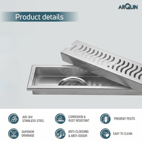 Image of ARQUIN Bathroom Shower Drain Channel 12x4 Inch Floor Drainer 304 Grade Stainless Steel Bathroom Drain Water Drain Channel for Bathroom with Cockroach Trap (1mm Thickness)