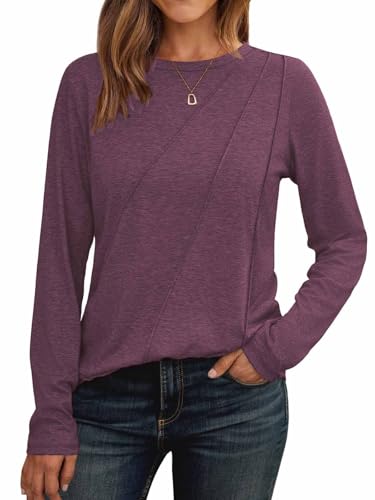 Cuptacc Camicetta Donna a Maniche Lunghe Collo Rotondo Top con Pieghe Felpa Blusa Elegante Rosso Vino, Taglia Grande XXL 50