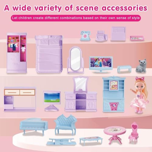 Image of Princess Doll House with Furniture & Slide, 2 Storey Luxury Villa Playset with Balcony, Stairs & Garden Fence, Pretend Play Dream House Toy for Girls 3+ Years Birthday Gift