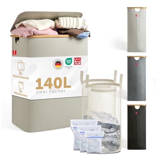 Blumtal Wäschesammler 140 L - Wäschekorb 2 Fächer mit herausnehmbarem Wäschesäcken - Pfandflaschen Aufbewahrung - laundry basket - Beige - Wäschekorb schmal - Wäschebox klein