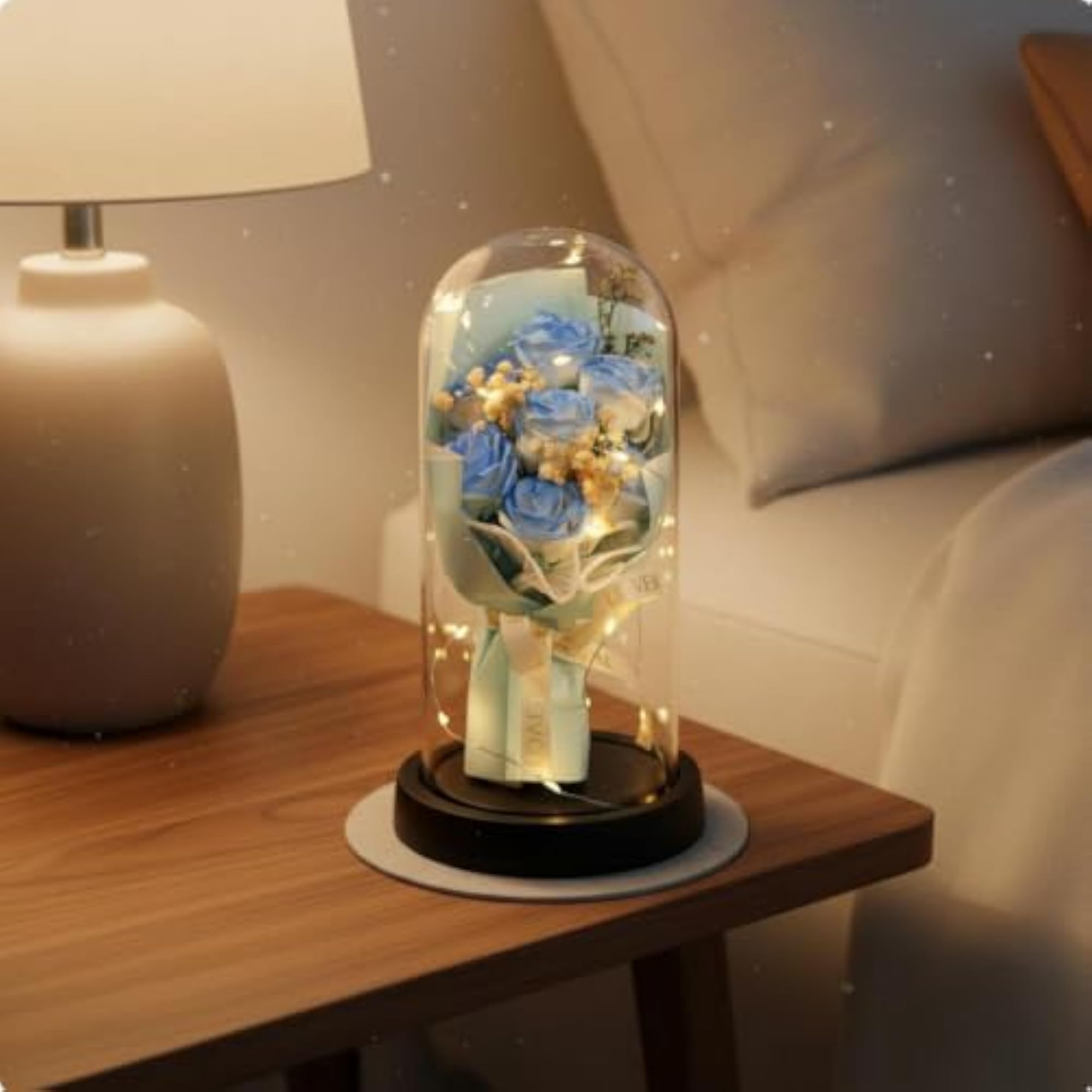 Protected Rose Glass Cloche Gift for Valentine's Day, Lighted Arrangement