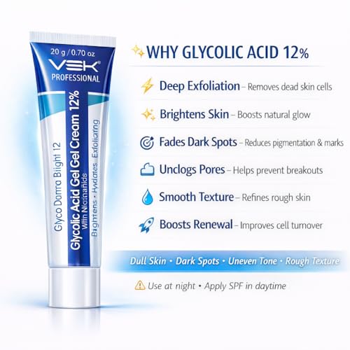 Image of VSK Professionals12% Glycolic Acid Cream Gel for Brightning, Anti-Pigmentation & Melasma Acne, Pimples & Dark Spots | Unclogs Pores, Smooth Skin Care With PDRN SPF50 Sunscreen Combo | 4 Tubes 20g each (80grm)