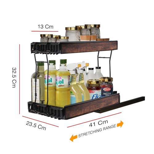 Image of IBELL Pull Out Sliding Storage Rack for Kitchen Cabinet /Shelf, Under The Sink Organizer, Carbon Steel with Wooden Panel Finish (Black, IBLDR 7977BK)