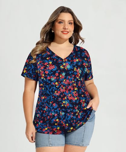 Image of RITERA Women Plus Size Tops Tie Dye V Neck Shirt Floral Camo Summer Short Sleeve Tunic Oversized Ladies Blouse XL-5XL