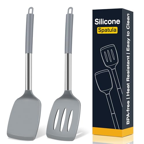 2 Pack Silicone Spatula Set, Solid & Slotted Turner for Non-Stick Pans, High Heat Resistant Silicone Spatula for Cooking, BPA-Free Stainless Steel Cooking Utensils for Fish, Eggs, Pancakes, Gray