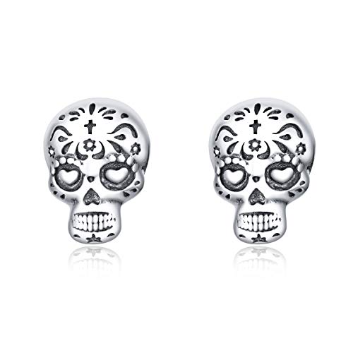 Fashion Tiny Skull Stud Earrings Sterling Silver S925 for Women Girls Men Cross Skeleton Halloween Earrings Cartilage Tragus Earring Unisex Gothic Jewelry Gifts for Sensitive Ears