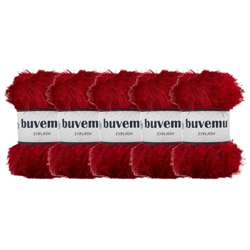 Buvemu Eyelash Fun Fur Yarn for Crochet, Knitting & Crafts, Red, 5-Pack