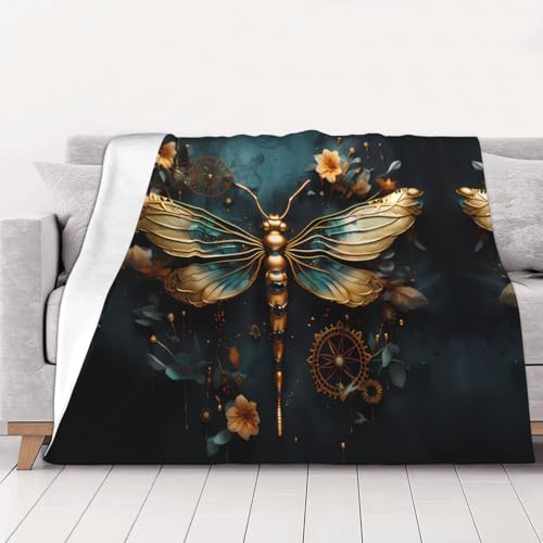 WZYCWB Couverture en flanelle imprimée de couleur dorée délicate libellule 127 x 101,6 cm - 76,2 à 203,2 cm. Une couverture chaude pour l'automne à la maison et une couverture de voyage portable.