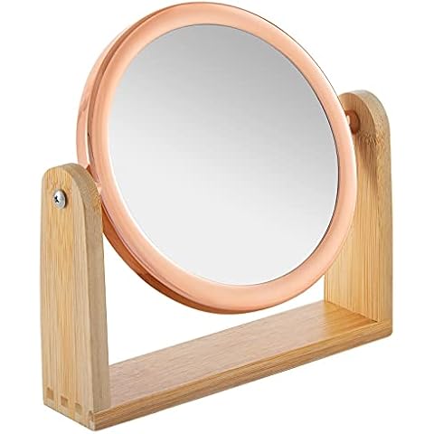 YEAKE Double Sided 10X Magnifying Makeup Mirror with Bamboo Stand ,Small Desk Table Mirror with 360° Rotation,Standing Portable Cosmetic Mirror,Good for Shaving,Traveling(Rose Gold ,Round) Cover