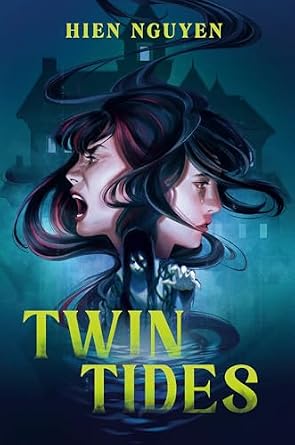 Twin Tides by Hien Nguyen, depicting a woman's image mirrored, on the left depicting screaming anger and on the right depicting sadness, above a blue background with a house behind fog and above a body of water.