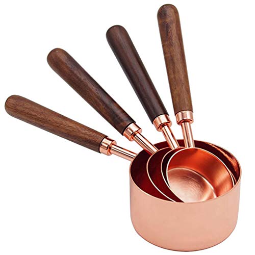 Goeielewe Set Of 4 Stainless Steel Measuring Cups, Copper Plated Nesting Measuring Cup Set With Walnut Wood Handle For Dry And Liquid Ingredients (Cups Set: 1/4, 1/3, 1/2, 1 Cup) #TOP5
