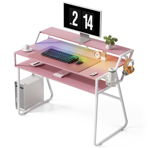 Warmiehomy Gaming Desk with LED Lights, RGB Gaming Table 110 x 60cm Computer Desk with Headphone Hook and Cup Holder, Pc Table for Home Office, Pink