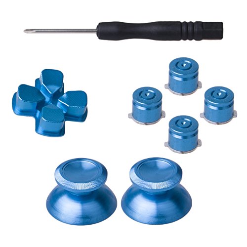 YoRHa 8 en 1 Métal Aluminium Thumbsticks Analog Sticks Joysticks & Bouton & D-Pad Réparation de Remplacement Kits(Bleu) pour PS4/Slim/Pro Manette avec Tournevis
