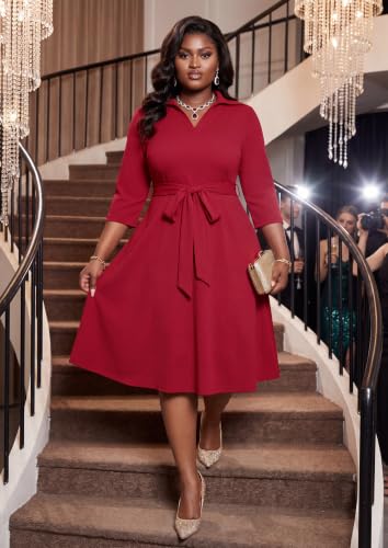 Image of FANDEE Plus Size Midi Dress for Women - Printing Summer Dresses for Wedding Guest Cocktail Party 3 /4 Sleeve V Neck（L-5XL）