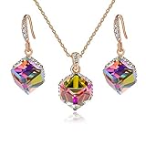 Colorful Cubic Austrian Crystal Pendant Necklace Earrings Set for Women 14K Gold Plated Jewelry Set (Rainbow Crystal/Rose Gold-tone)