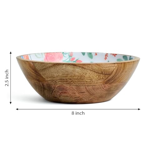 Image of SAAGA Large Printed Mango Wood Mixing Bowl - 8 x 2.5 Inch Round Wooden Serving Bowl | Ideal for Salad, Fruits, Snacks & Curries - Canyon Clay