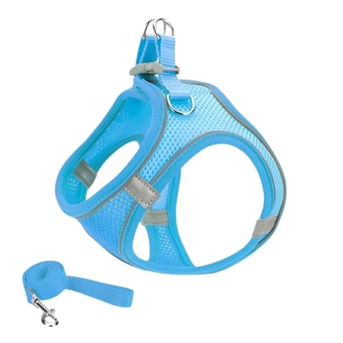 PetGround 犬 ハーネス 超小型犬 小型犬 子犬 軽量 リード付き 猫用ハーネス 反射材 メッシュ おしゃれ かわいい 通気性 簡単 抜けない 調整可能 引っ張り防止 (スカイブルー, XS)