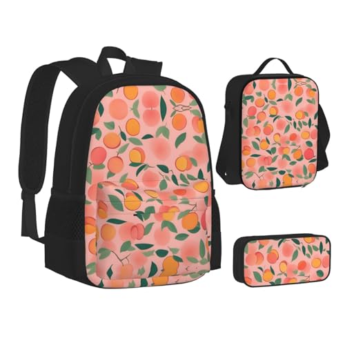 Pink Peach Pattern Seamless Pattern Print 3 Piece Set Backpack, Lunch Bag, Pencil Case, Cute Sturdy For College And Travel2