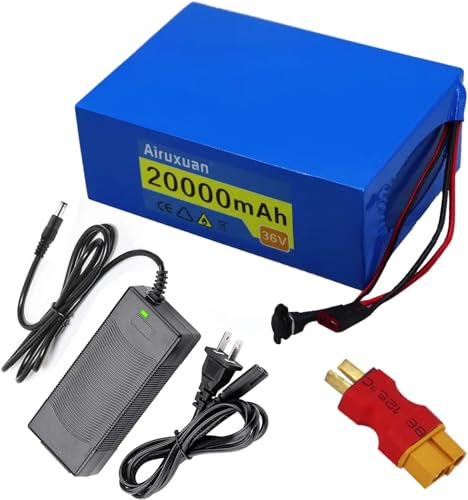 Airuxuan 36V Ebike Battery 20Ah Electric Bike Battery with 2A Charger, T-Plug, XT60 Connector and BMS for 250-750W Electric Bicycles Motor