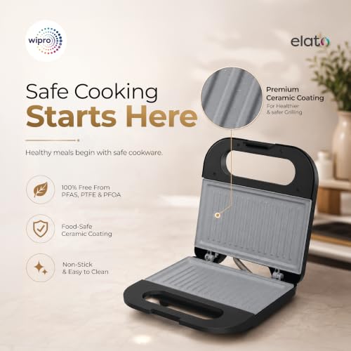 Image of Wipro Elato BS103 Luxe 800W Grill Sandwich Maker|Ceramic Coated Plates|BPA Free|PTFE, PFAS & PFOA Free|Auto Temperature Control|Cool Touch Handle|Fits 2 Regular Bread Slices|2 Year Warranty