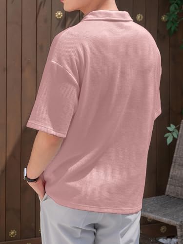 Image of Men's Textured Waffle Knit Polo T-Shirt | Relaxed Fit Half Sleeve Collared Tee | Soft Breathable Casual Summer T-Shirt