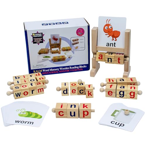 Image of KALM Word Memory Wooden Reading Blocks - Educational Toys for 3 Year Old - Montessori Toddler Toys CVC Word Games - 8 Sets Letter Cubes, 32 pcs Phonetic Flash Cards, 1 Holder - Ideal Gift for 3-9 y.o