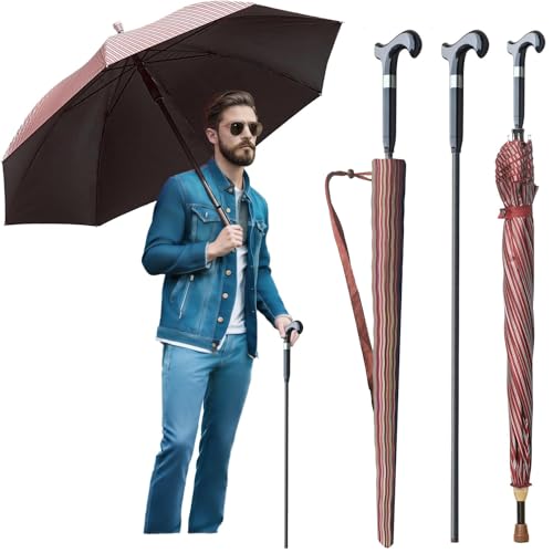 Walking Cane Umbrella for Taller Heavy Duty Stick Umbrella with Longer Carbon Fiber Cane Large Walking Stick Umbrella Crutch Umbrella - Ideal Gift for Night Hiking Rainy (Red Stripe Extra Long)
