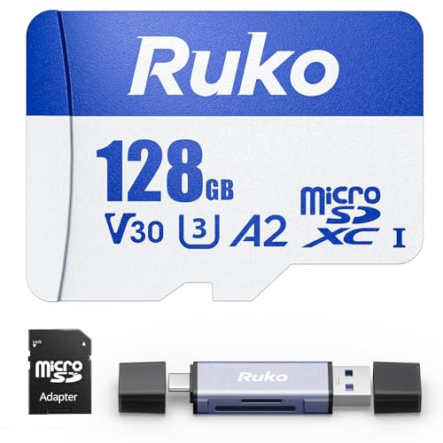 Ruko 128G Micro SD�J�[�h ���[�_�[&�A�_�v�^�[�t�� �������[�J�[�h���x�ő�100MB/�b UHS-I C10 A2 U3/V30 4K UHD �����Ԏ�������TF�J�[�h �J���� �X�}�[�g�t�H�� �h���[�� �Q�[���R���\�[���p