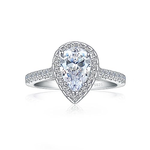 Jalokivi 1.9Ct 925 Sterling Silver Engagement Rings For Women Pear Cut Halo Cubic Zirconia Promise Rings For Her Size 6.5 #TOP1