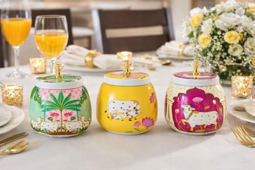 Image of Metal Pichwai Mix Color Dry Fruit Jar Box (Pack of 2) Heavy Build | For Dry Fruits /Chocolates /Decorative Serving Bowl Container /Return Gift /Diwali Gift Item