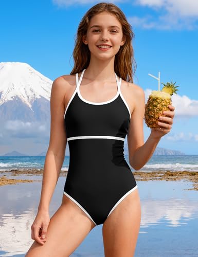 Image of WIQI Girls Swimsuit One Piece Bathing Suit Color Contrast Trim Girls' Swimwear with Cover Up Skirt Size 9-16