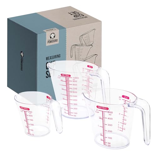 Chef Pomodoro Set 3 Jarras Medidoras 1L / 500mL / 250 mL - Jarra Medidora Plástico Sin BPA - Vasos Medidores de Cocina para Hornear Repostería Cocinar - Tazas Medidoras Apilables con Medidas en Rojo