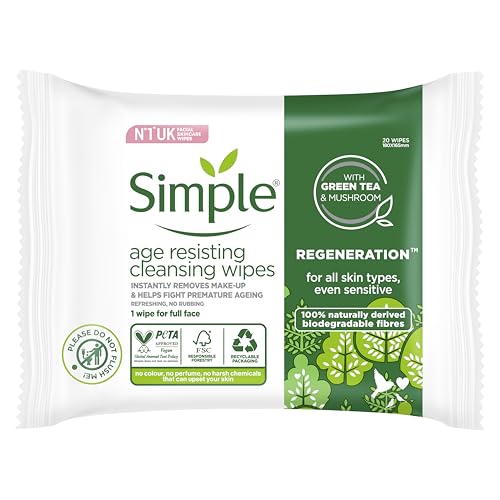 Simple Age Resisting Hypoallergenic Biodegradable Wipes for Sensitive Skin 20 wipes